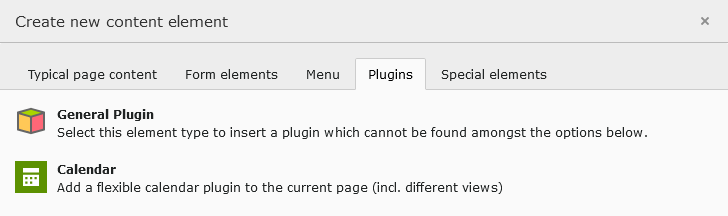 Create content dialog on the plugins page