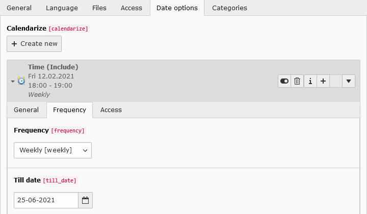 Event configuration on the frequency tab