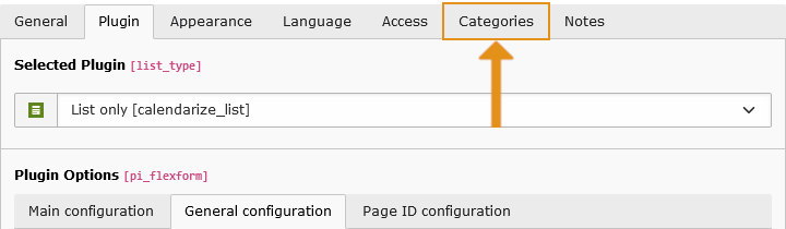 Plugin configuration with categories tab highlighted