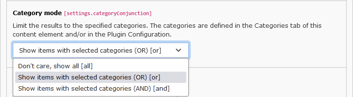 Category conjunction setting with 'all', 'or' and 'and'