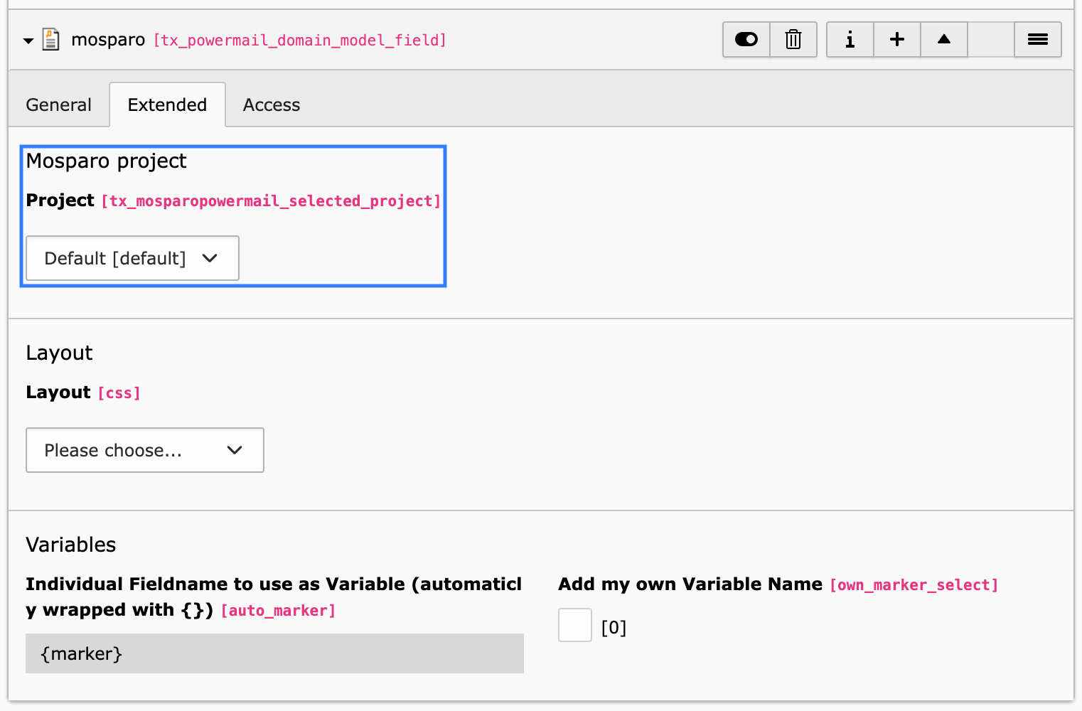 "Mosparo Captcha" form field settings with the dropdown to select the mosparo projec