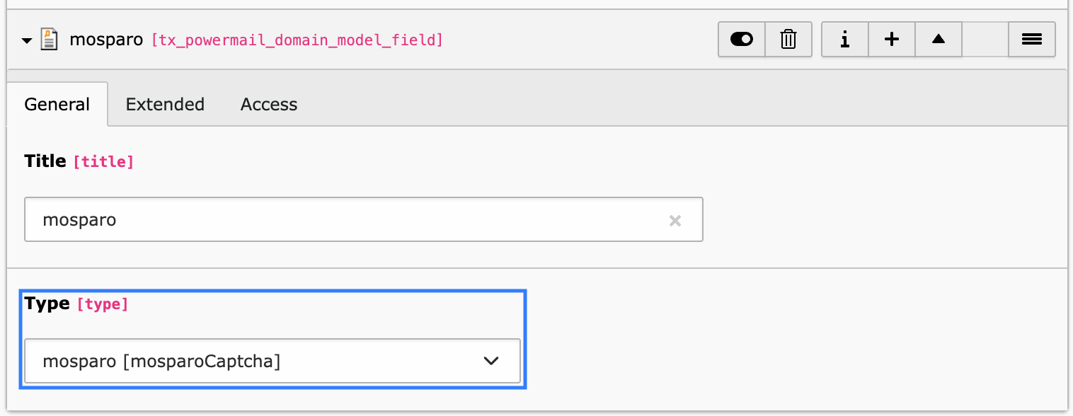 Powermail backend form field with the field type set to "mosparo"