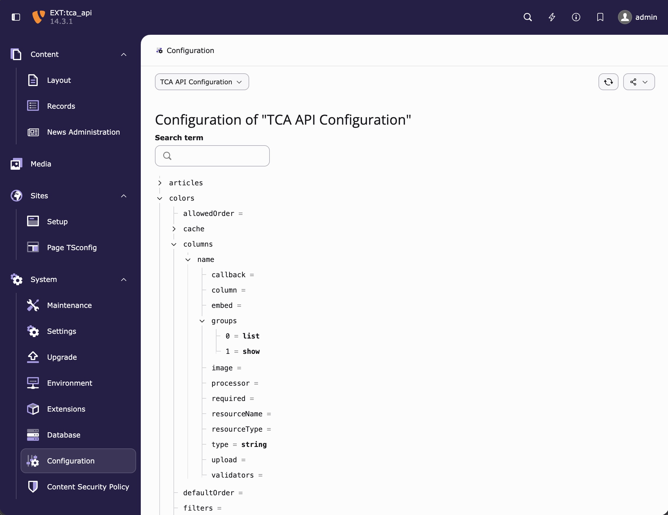 TCA_API configuration tree in the TYPO3 Configuration module