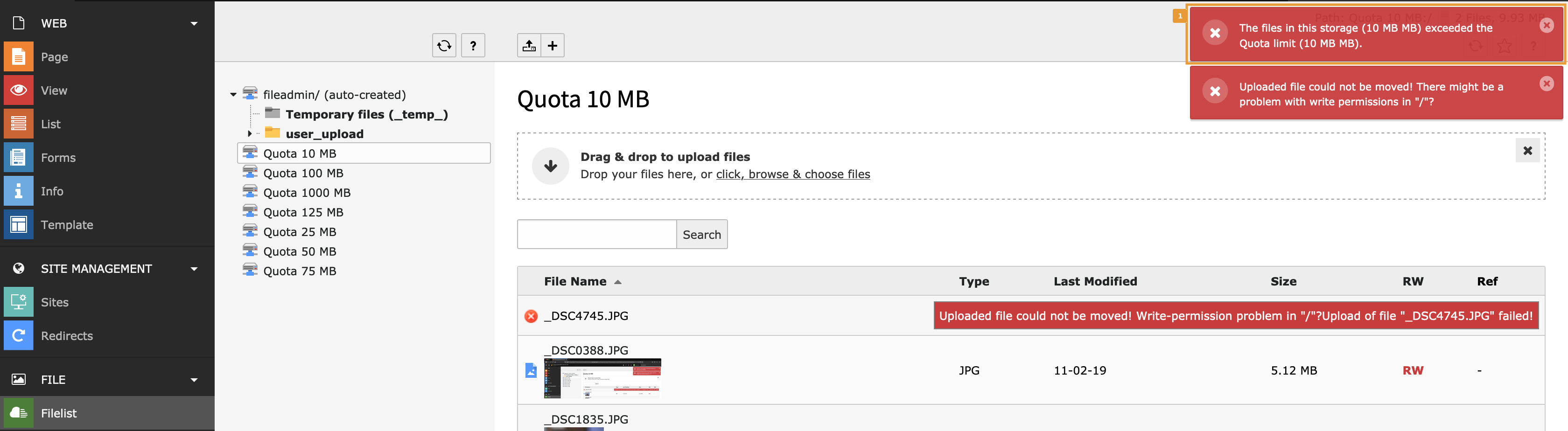 Quota warning in the File List Backend module