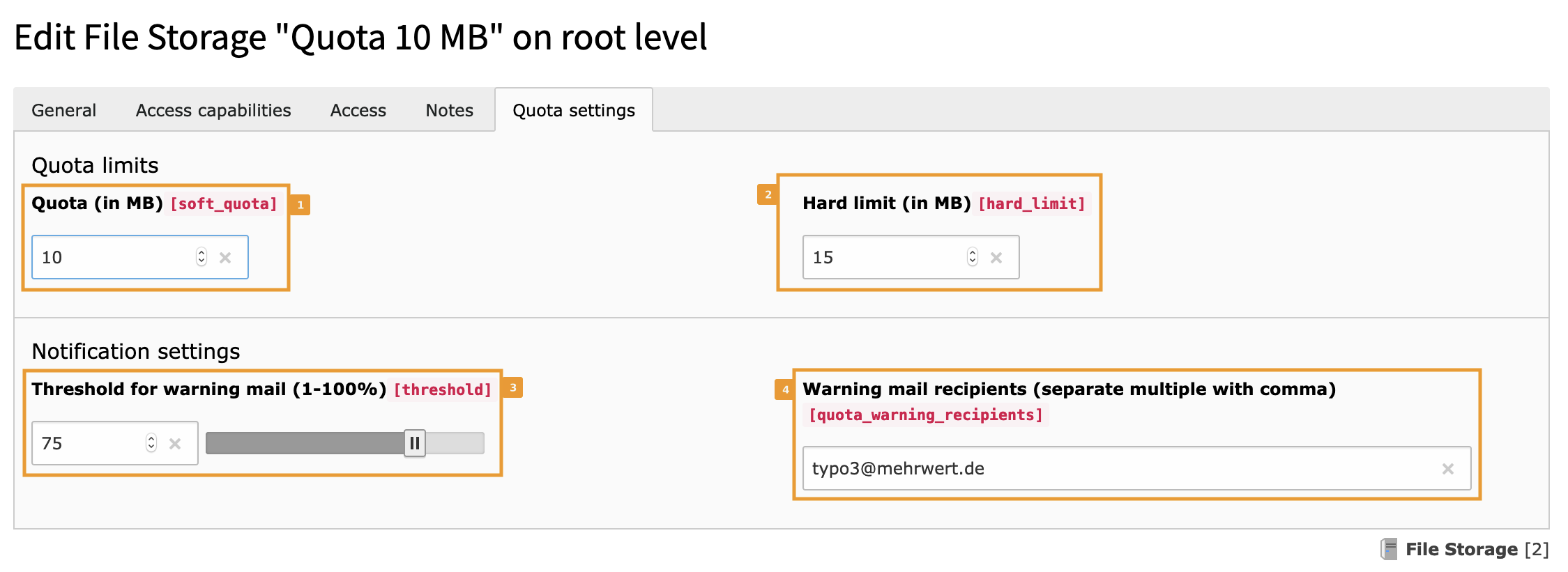 Example quota configuration for storage