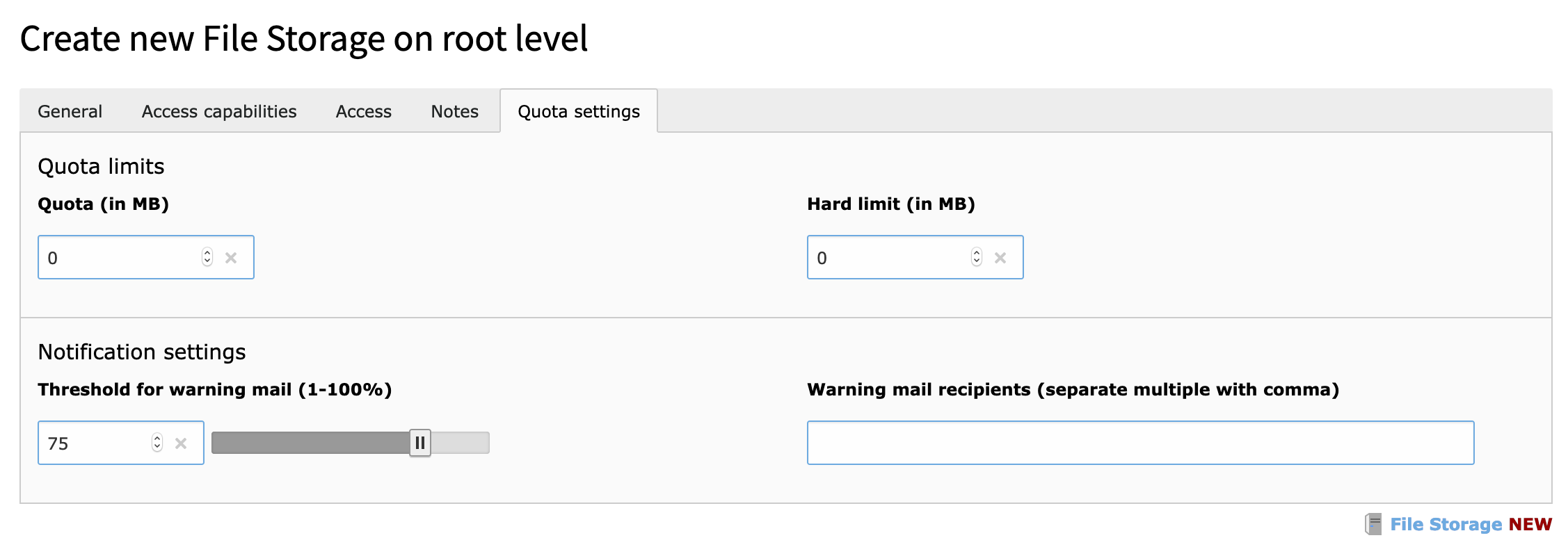 Example storage with Quota Settings tab