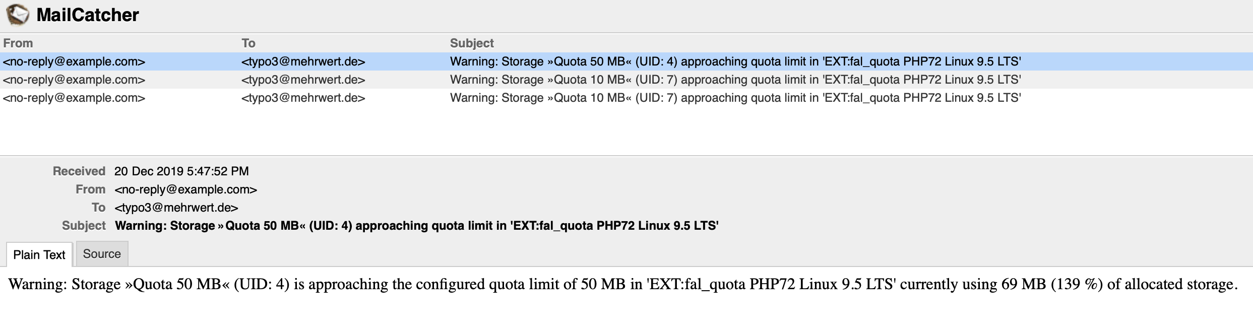 Example quota warning mails