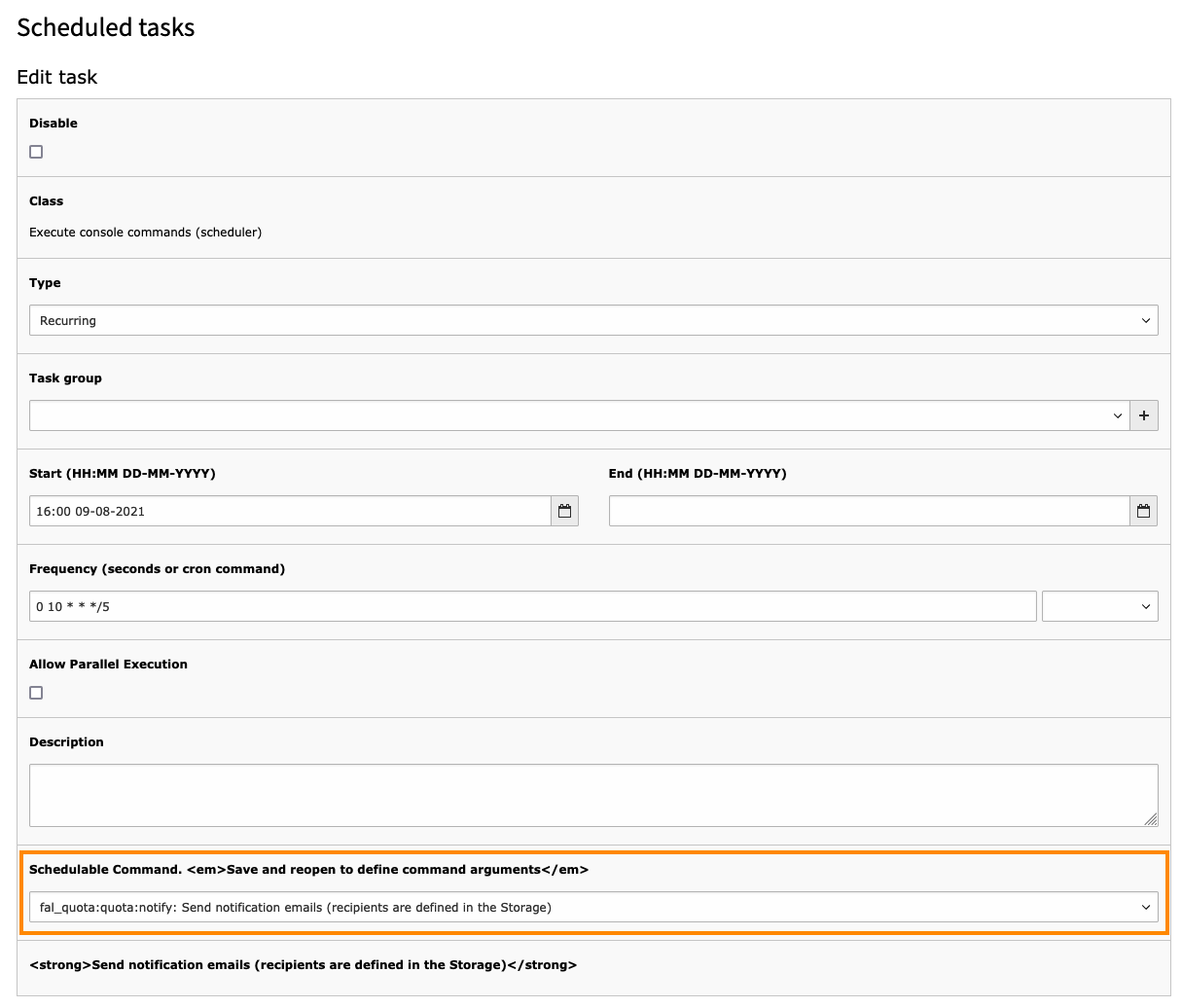 Example quota warning scheduler task