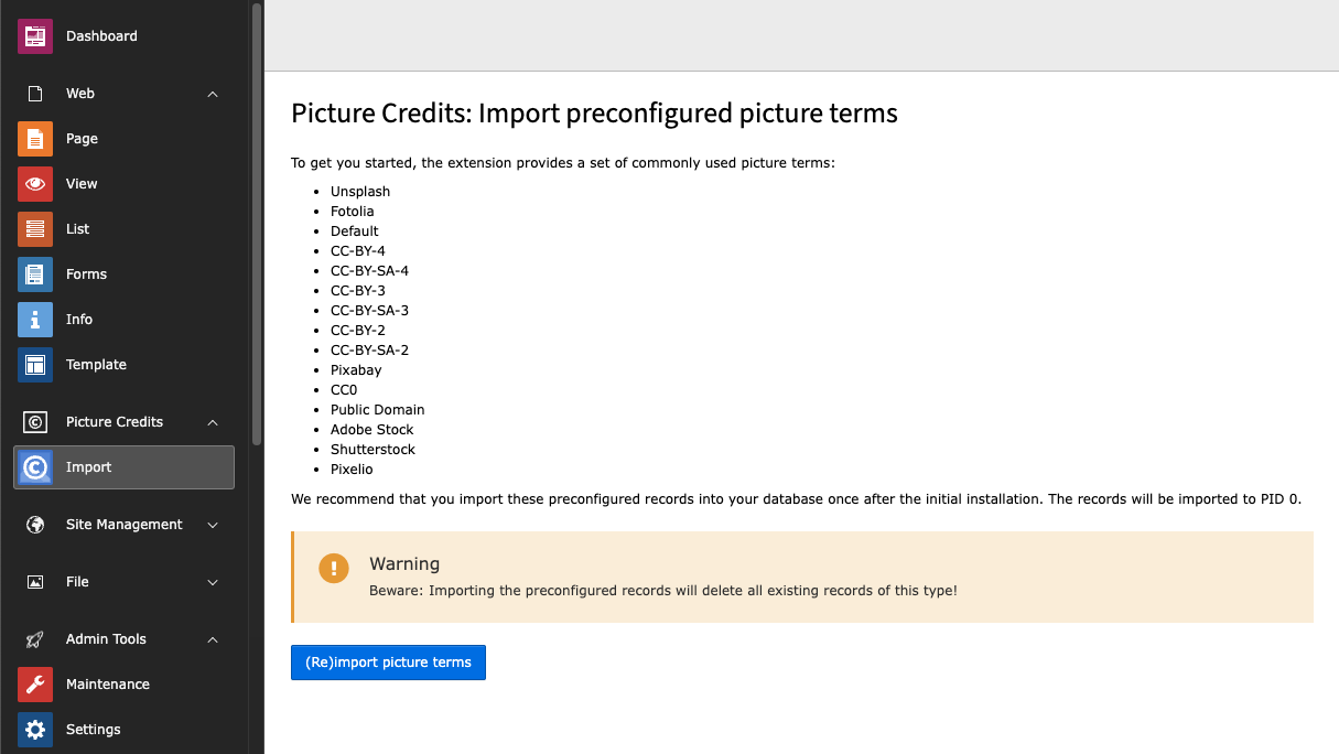 Backend module "Picture Credits > Import"