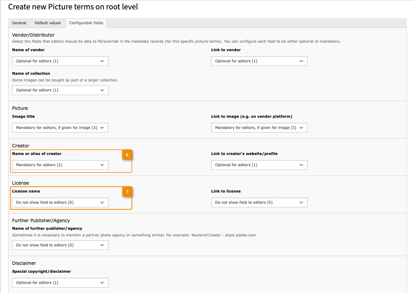Backend: Configurable fields