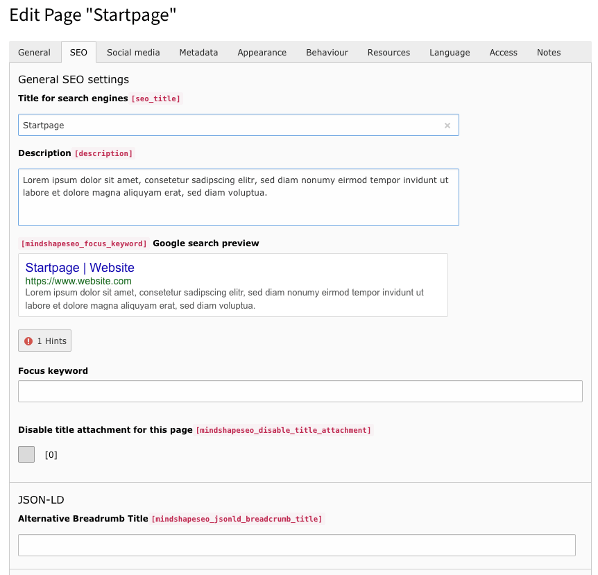 Page module (SEO Tab)