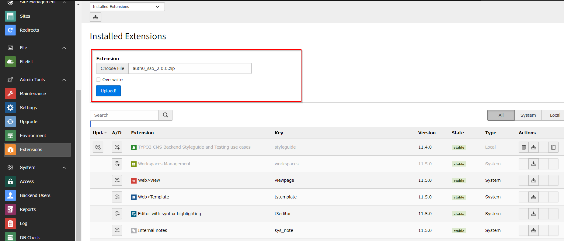 Upload Extension zip