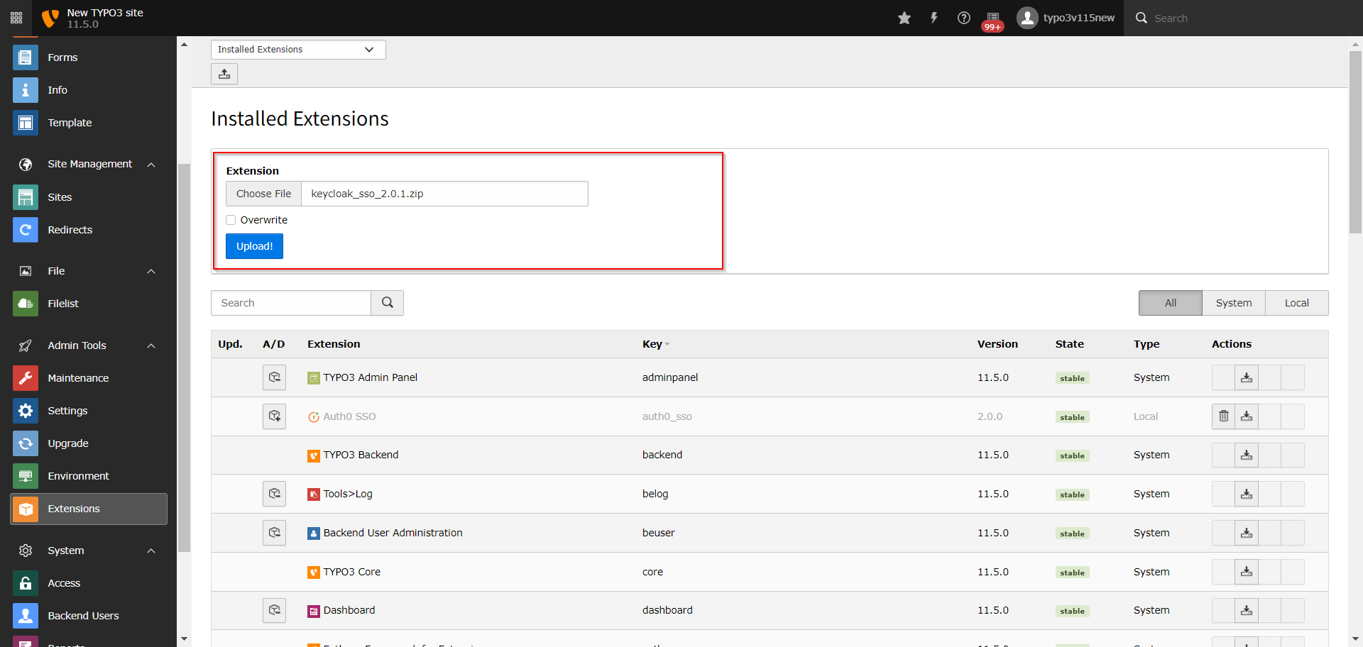 Upload Extension zip