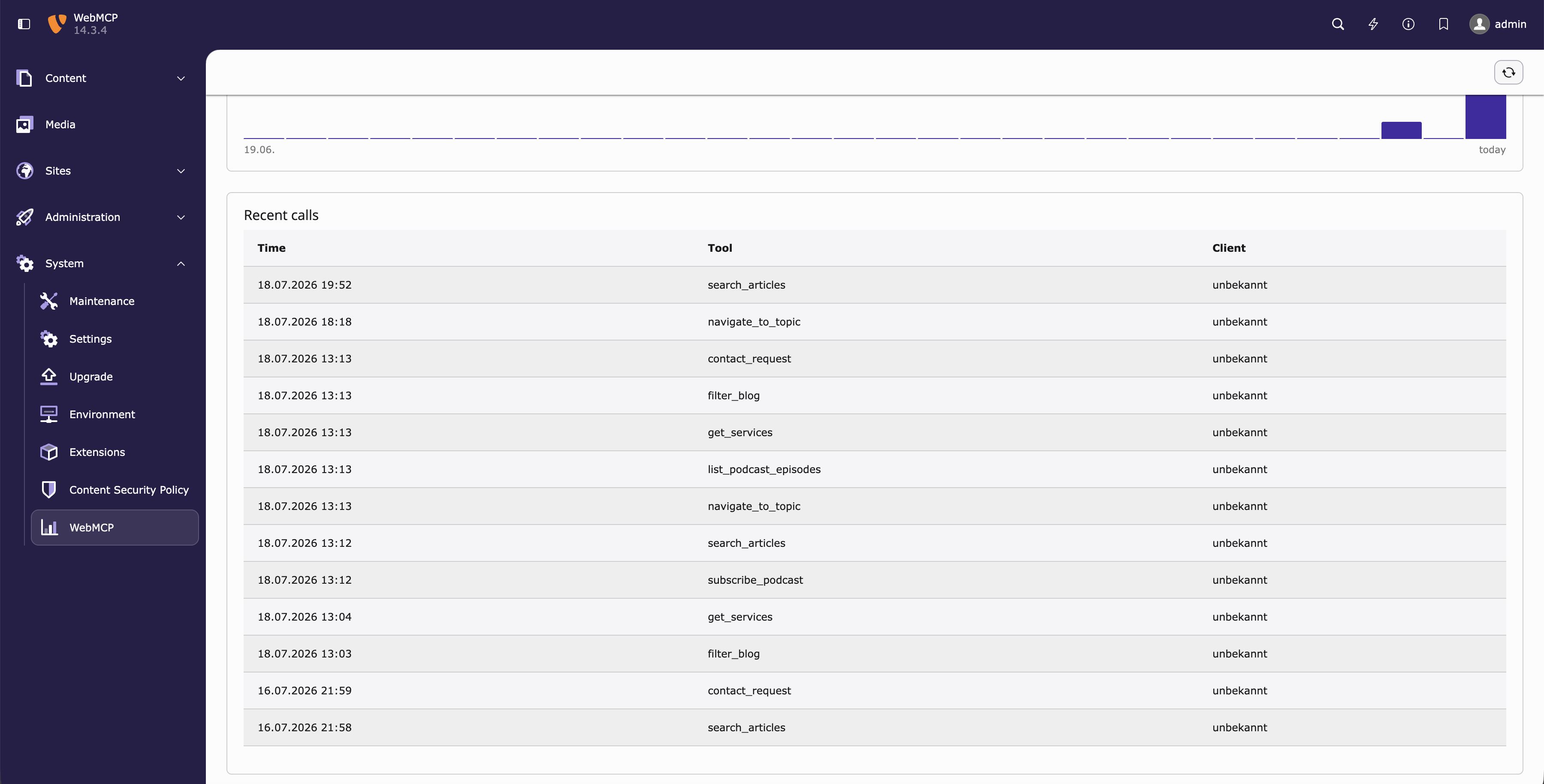 The WebMCP backend module showing also the recent calls in a table