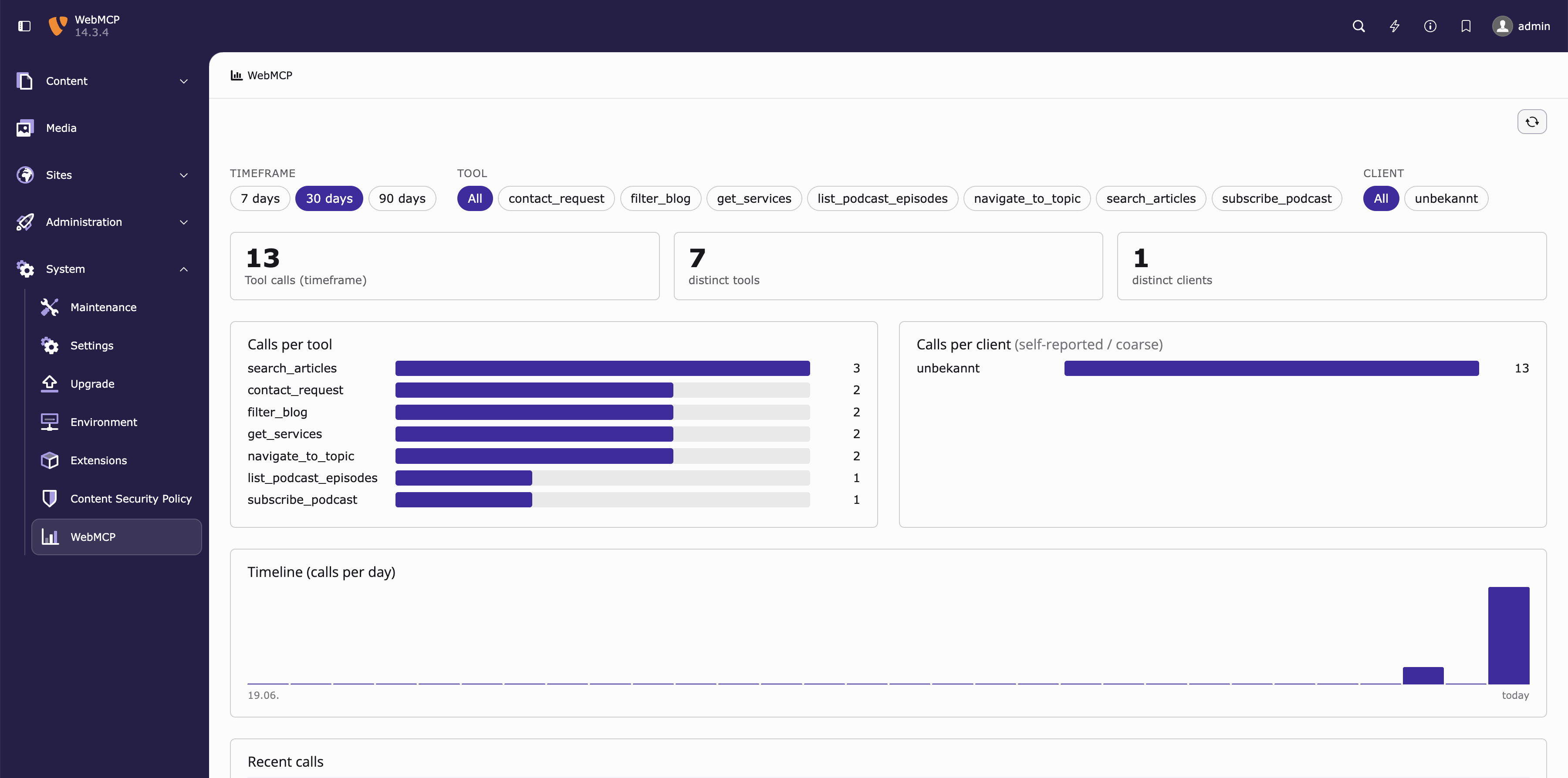 The WebMCP backend module showing calls per tool and a timeline