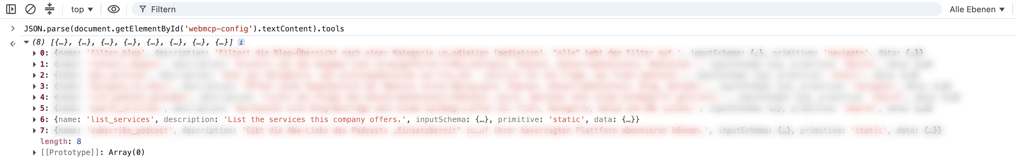 Browser console showing the list_services tool in the parsed manifest