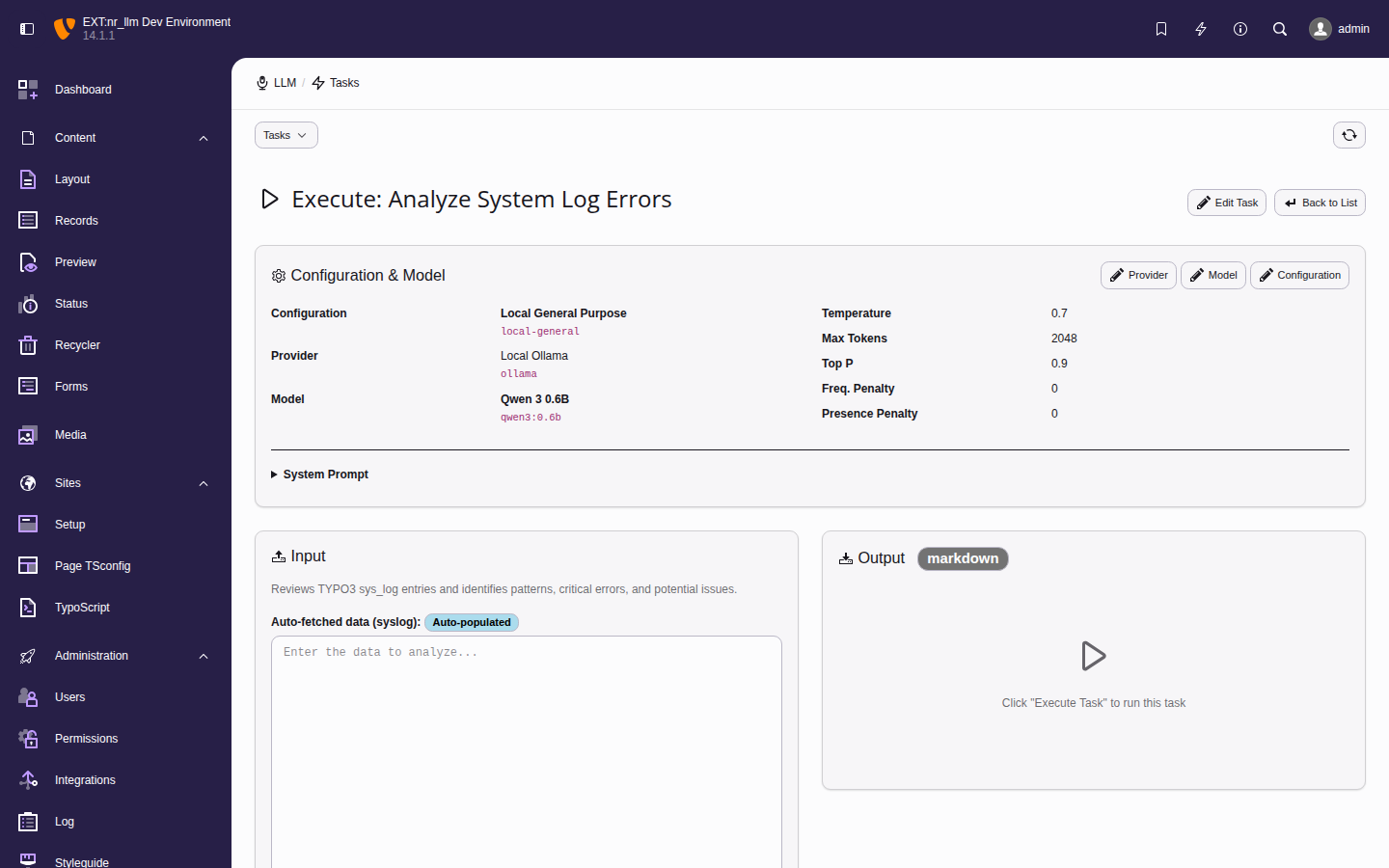 Task execution form showing configuration details, input field, and prompt template