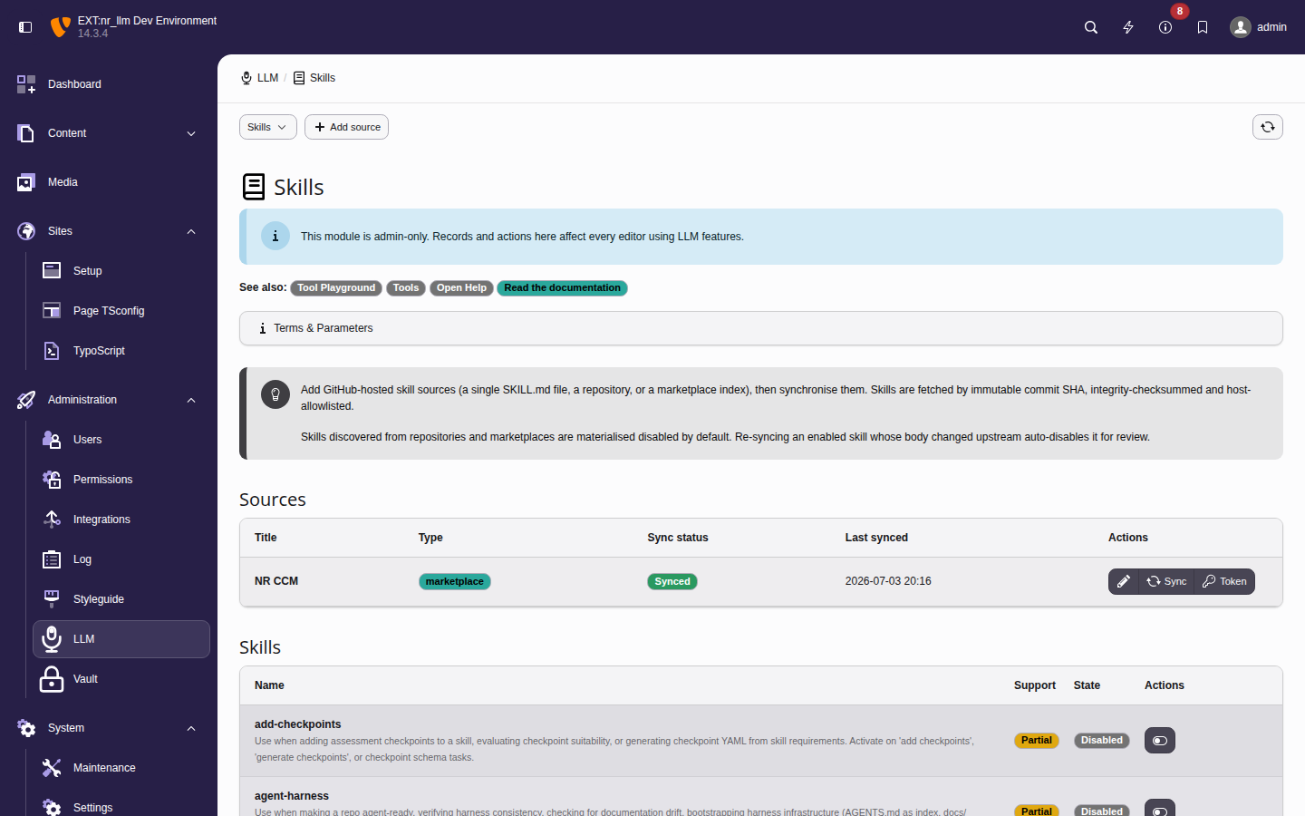 The Skills module showing a synced marketplace source and the discovered skills with their support badge and enabled state