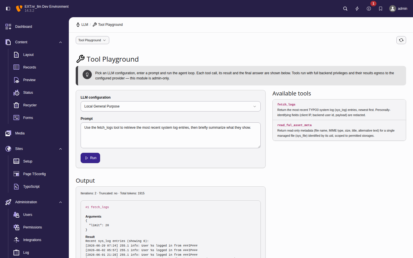 A completed tool run showing a two-iteration agent loop that called fetch_logs, its redacted result, and the run metadata