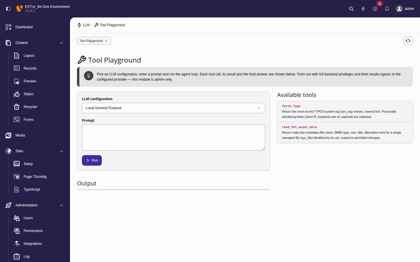 The Tool Playground module with the LLM configuration picker, an empty prompt box, the Run button, and the Available tools panel