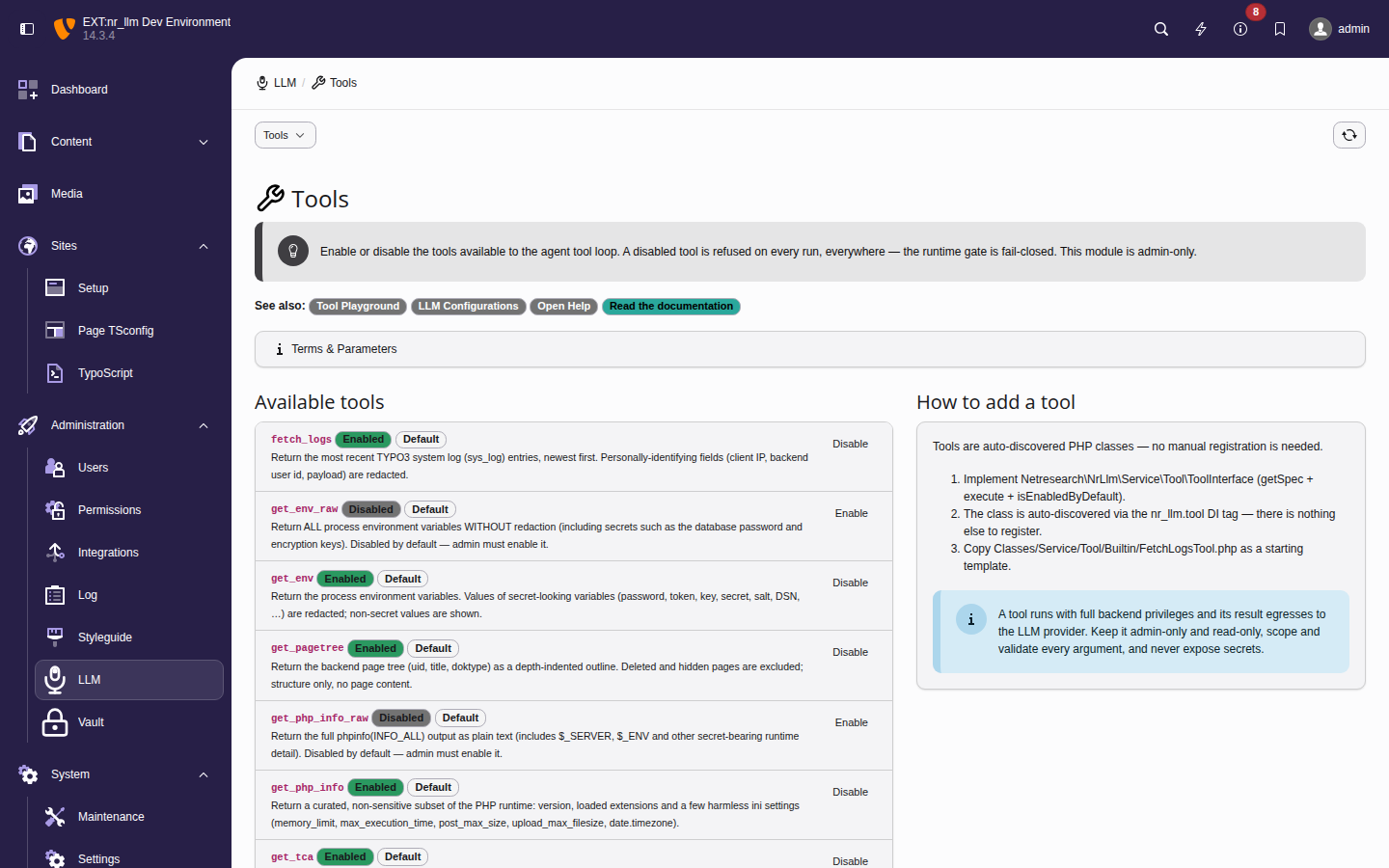 The Tools management module listing each built-in tool with an Enabled or Disabled badge and an Enable/Disable toggle