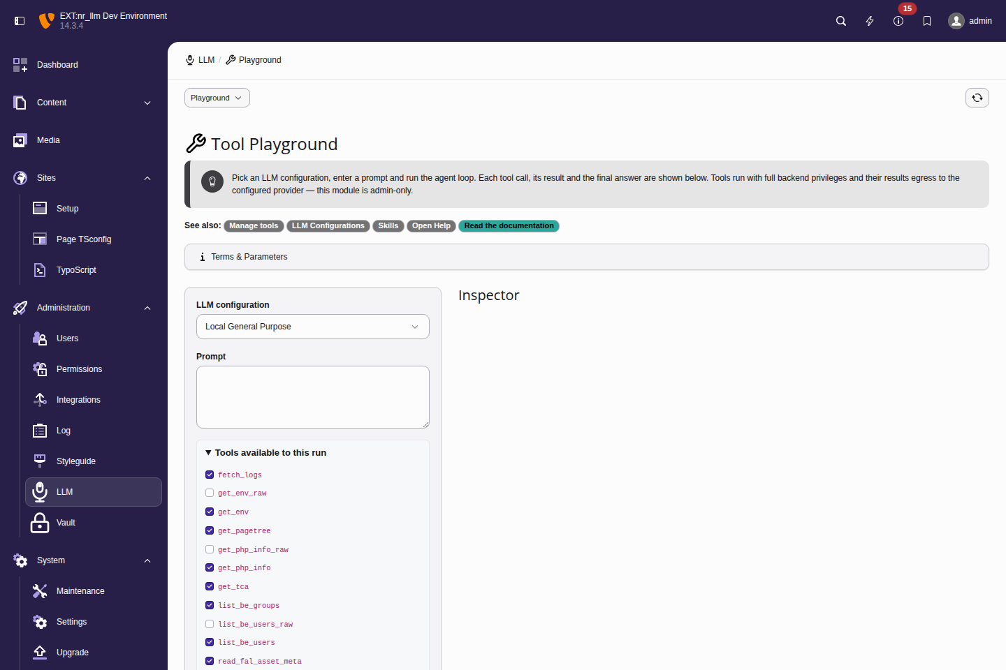 The Tool Playground module with the LLM configuration picker, an empty prompt box, the Run button, and the Available tools panel