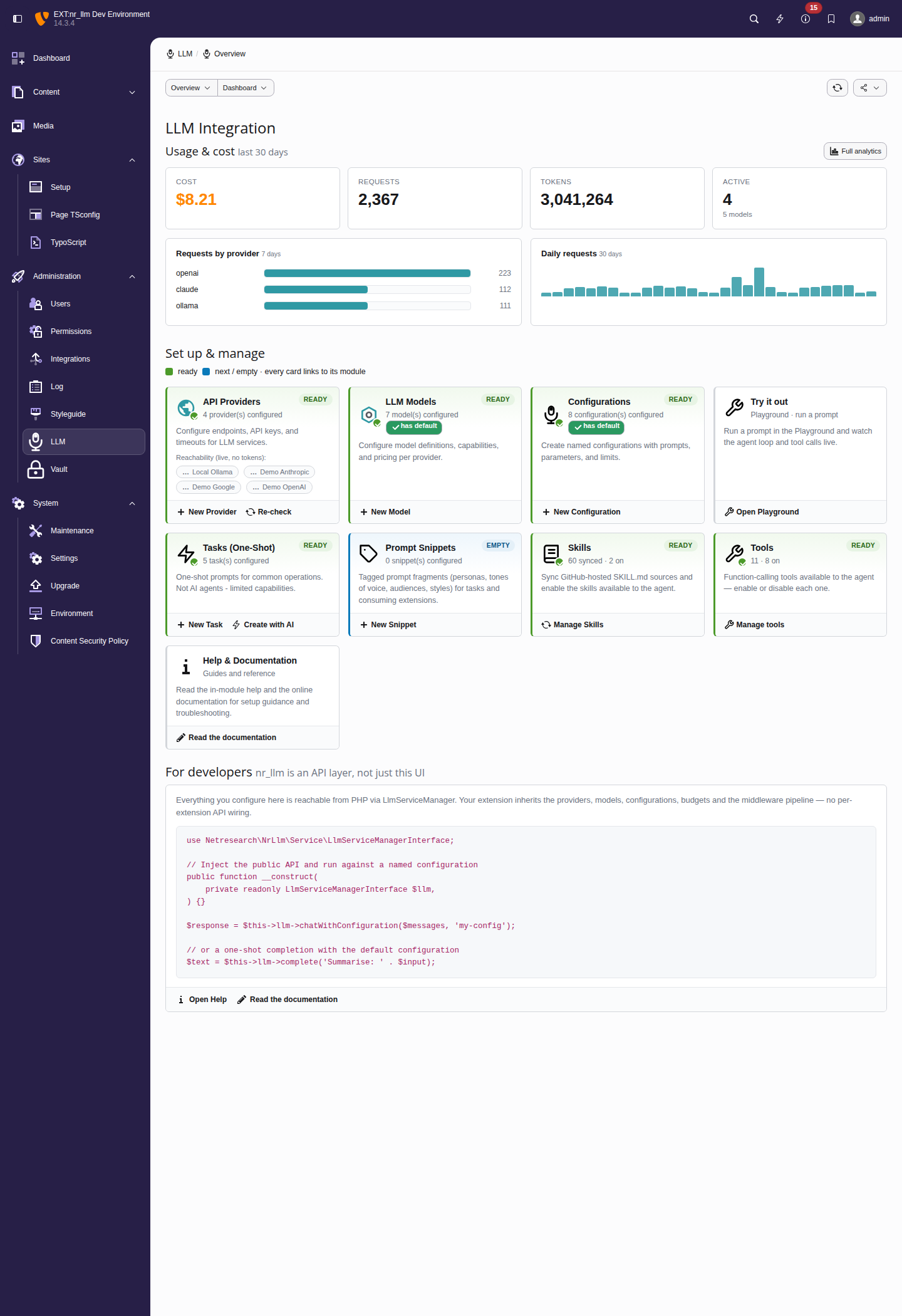 LLM backend module dashboard showing provider and model management, AI wizard buttons, and quick-reference code snippets