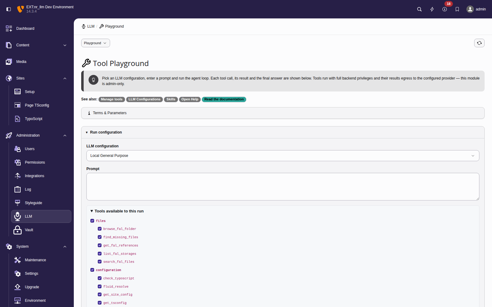 The Tool Playground module with the LLM configuration picker, an empty prompt box, the Run button, and the Available tools panel