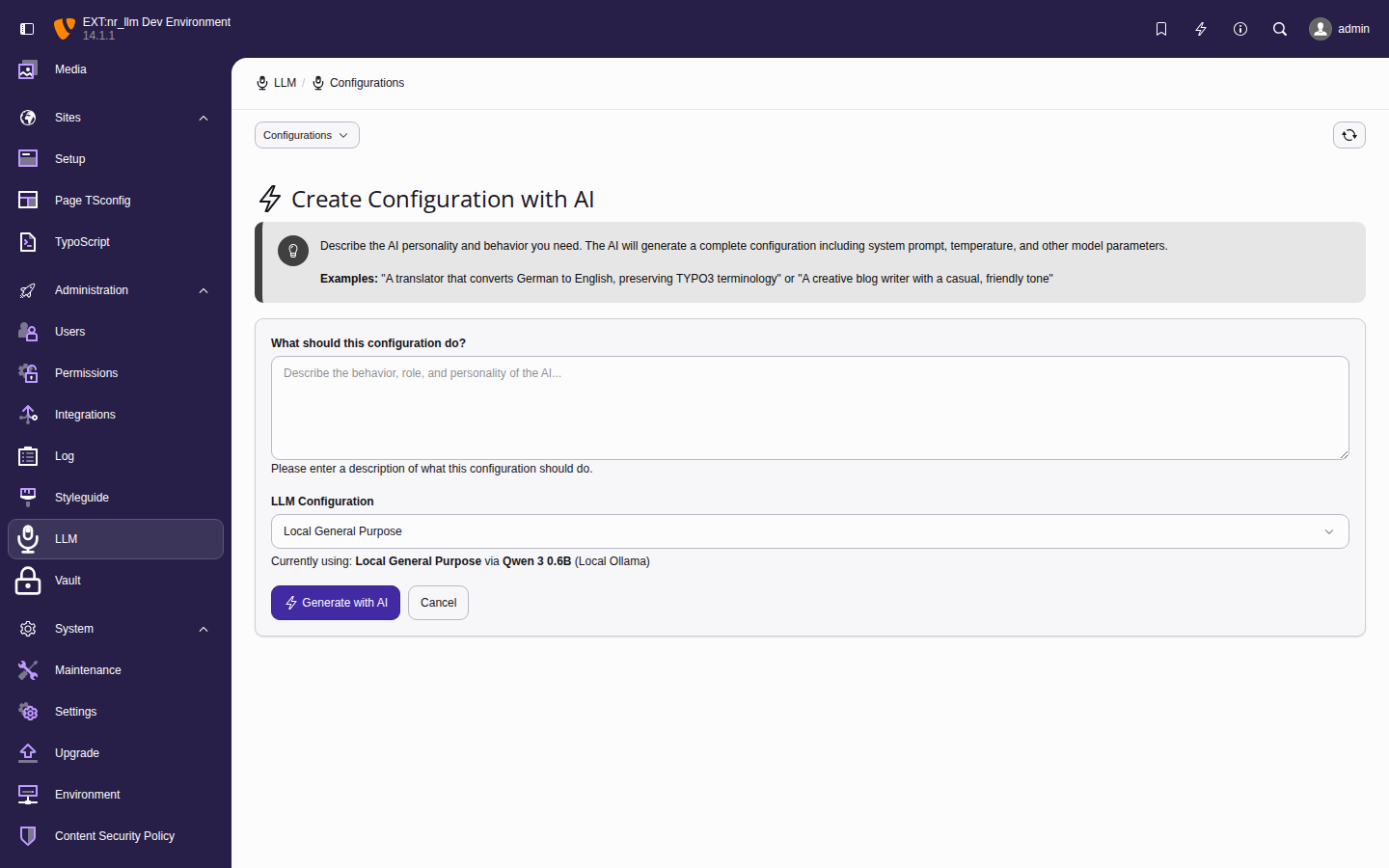 Configuration wizard form with a plain-language description field and generated configuration preview