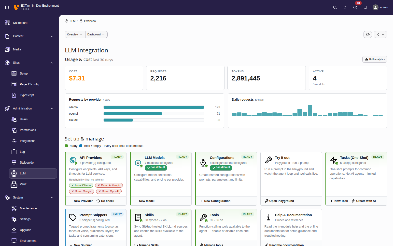 LLM backend module dashboard showing provider and model management, AI wizard buttons, and quick-reference code snippets