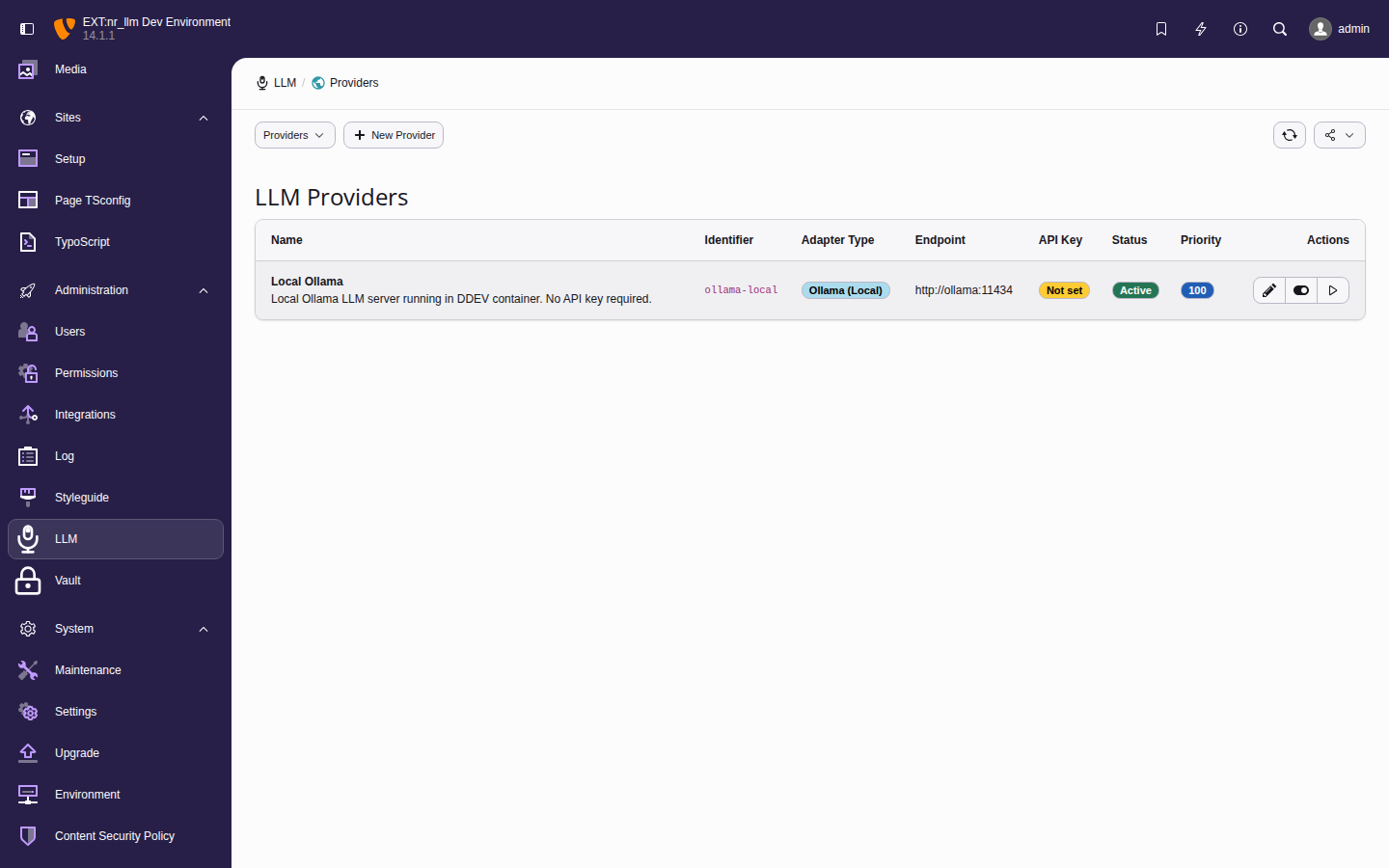 Provider list showing adapter type, endpoint URL, API key status, and actions