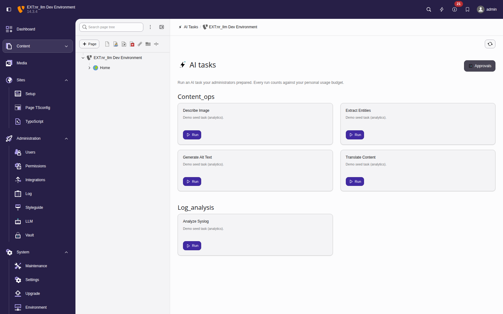 The editor-facing AI Tasks module listing runnable tasks grouped by category