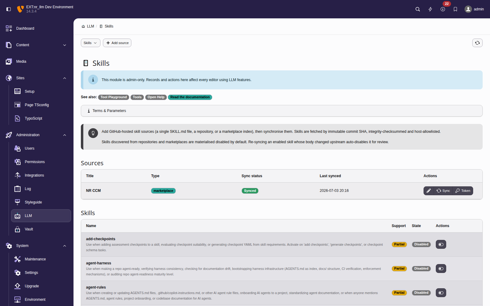 The Skills module showing a synced marketplace source and the discovered skills with their support badge and enabled state