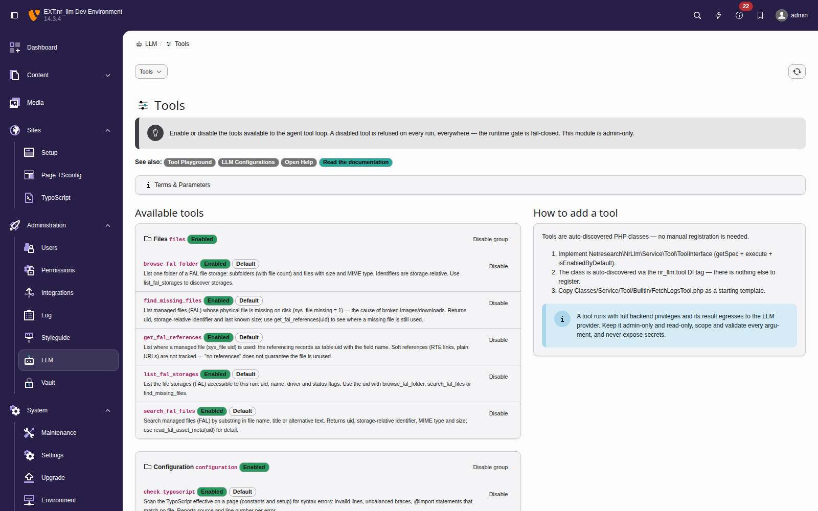 The Tools management module listing each built-in tool with an Enabled or Disabled badge and an Enable/Disable toggle