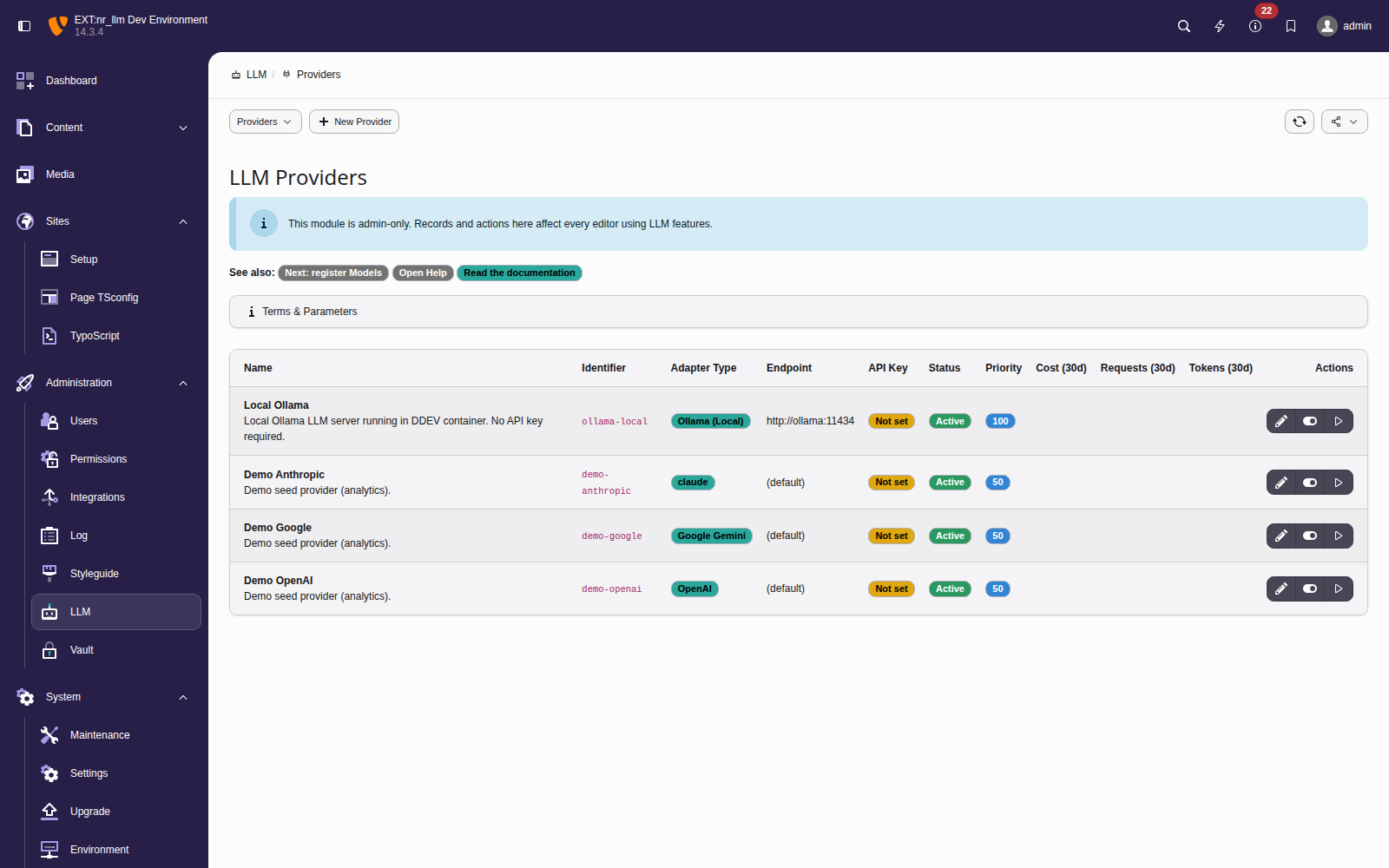 LLM providers list with connection status