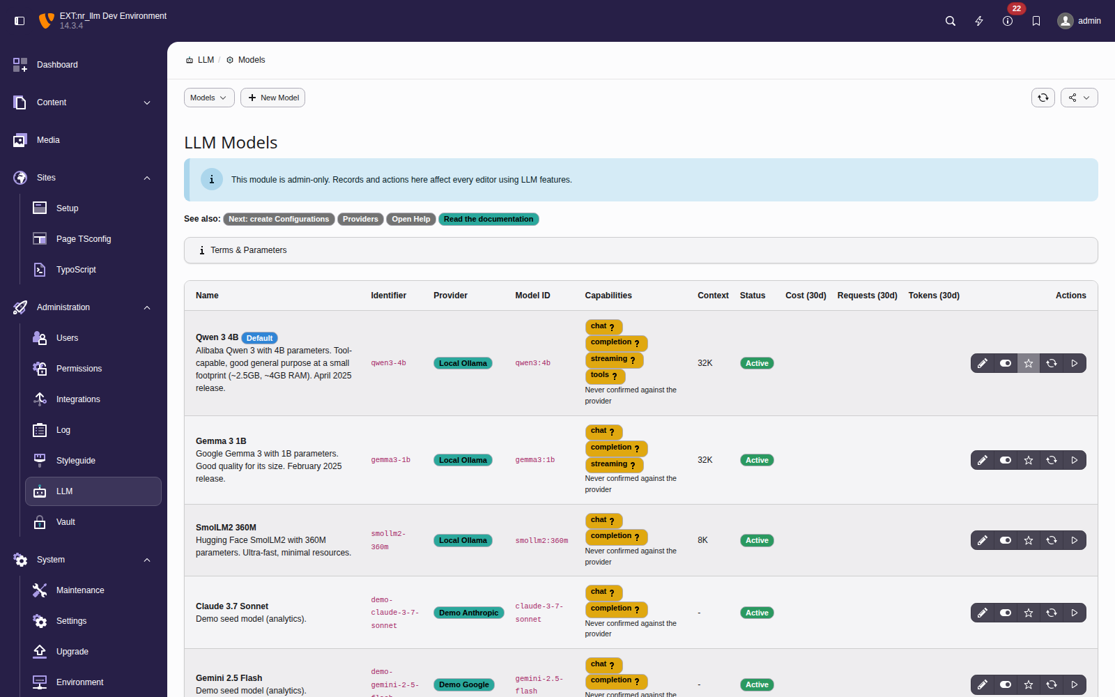 Model list showing capabilities and pricing