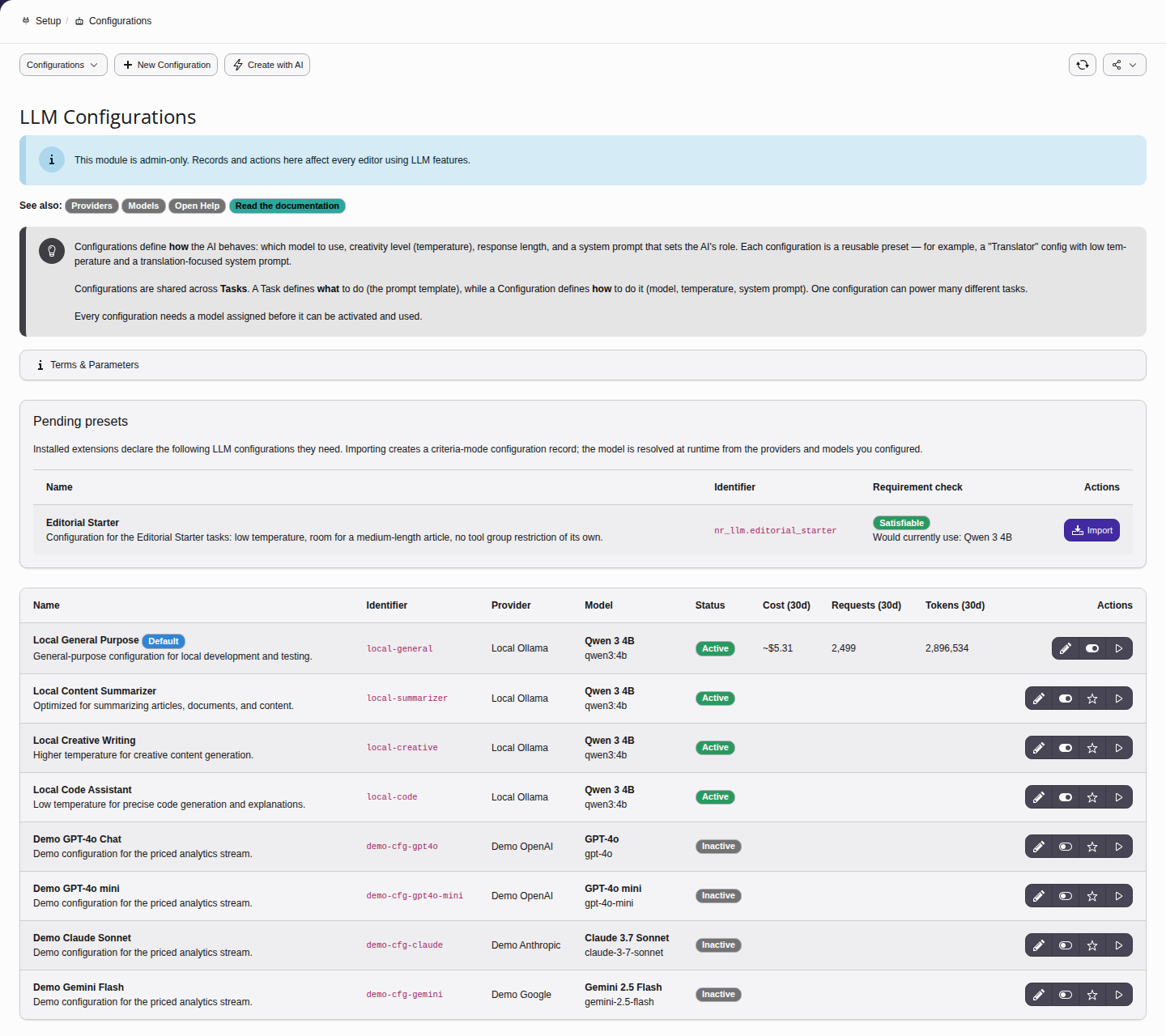 Configuration list with model assignment, use-case type, and parameter summary