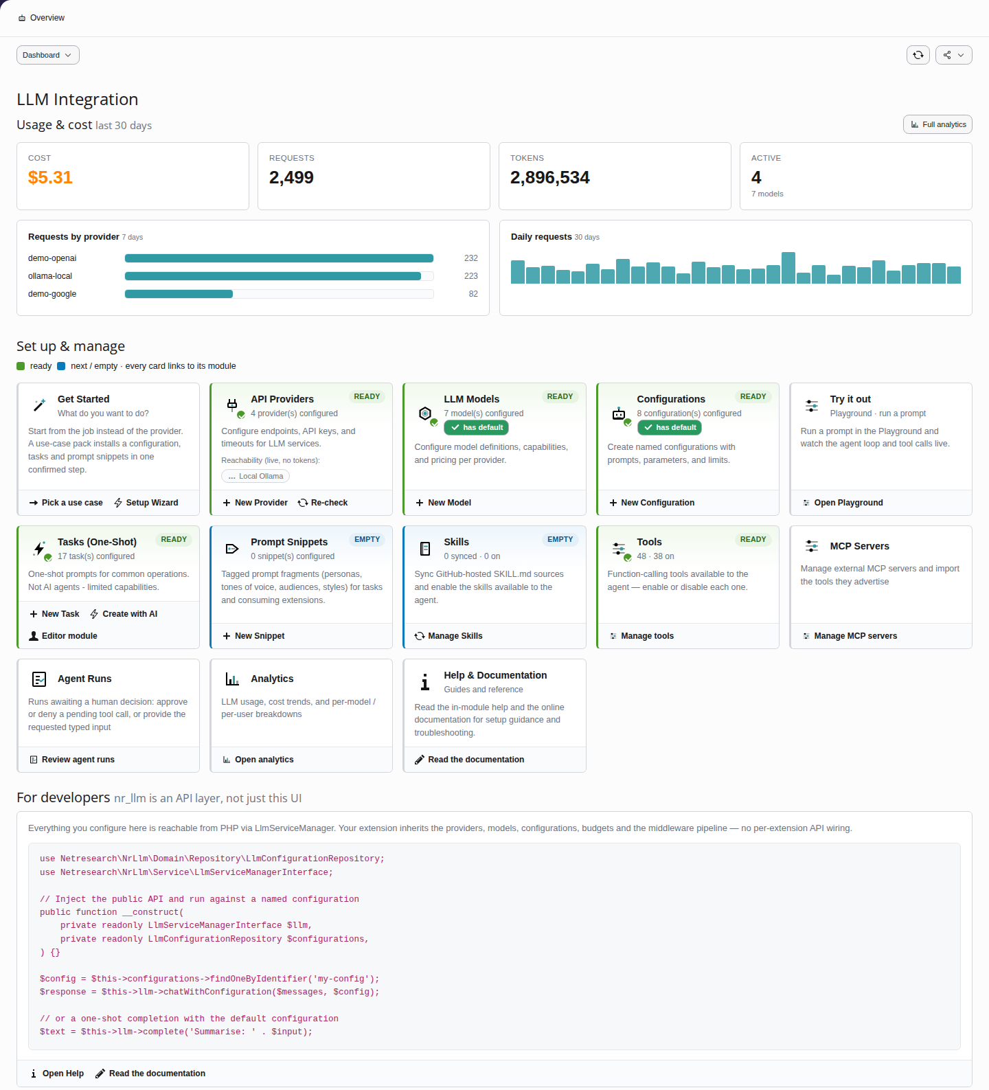 LLM backend module dashboard showing provider and model management, AI wizard buttons, and quick-reference code snippets
