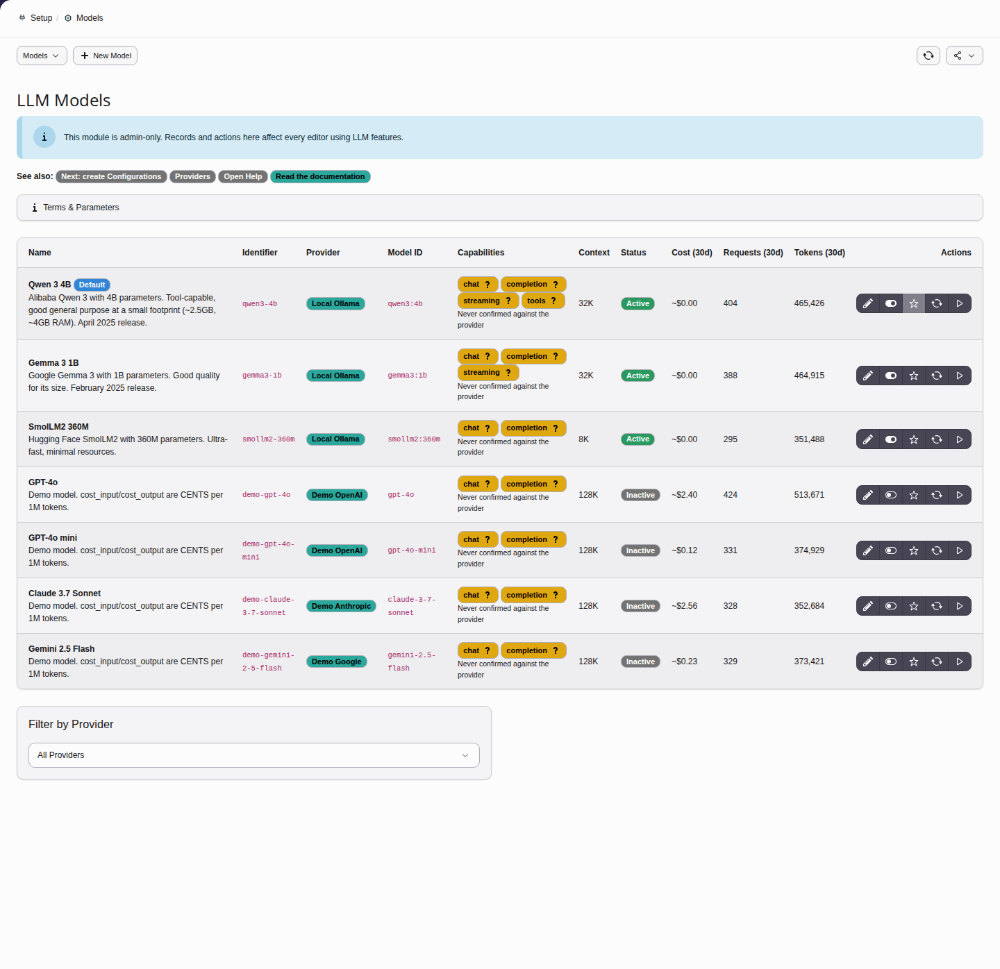 Model list showing capabilities, context length, pricing, and default status
