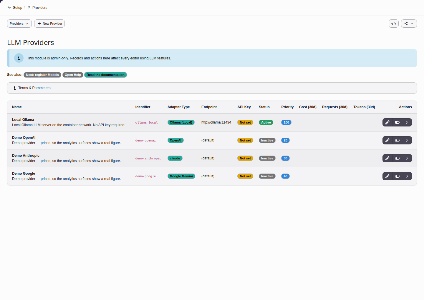 Provider list showing adapter type, endpoint URL, API key status, and actions