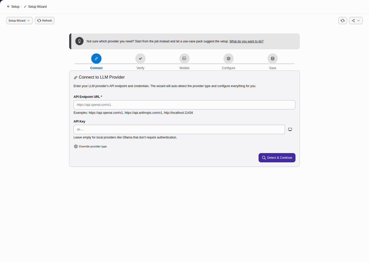 Five-step setup wizard with progress indicator showing Connect, Verify, Models, Configure, and Save steps