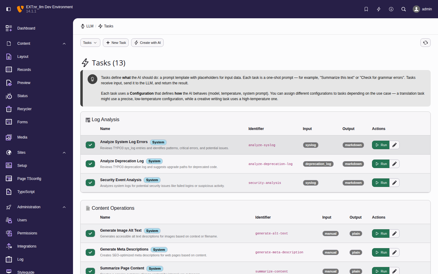 Task list showing task name, linked configuration, description, and actions