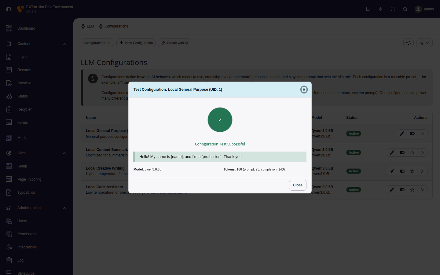 Configuration test modal showing successful response from Qwen 3 via Ollama