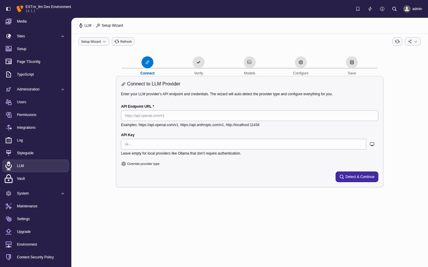 Five-step setup wizard with progress indicator showing Connect, Verify, Models, Configure, and Save steps