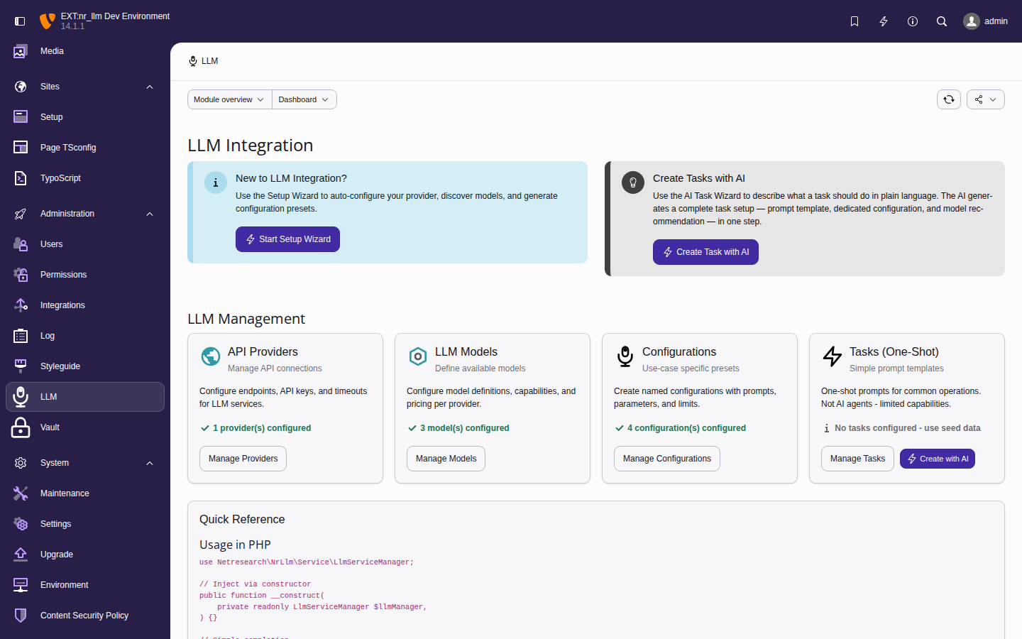 LLM backend module dashboard showing provider and model management, AI wizard buttons, and quick-reference code snippets