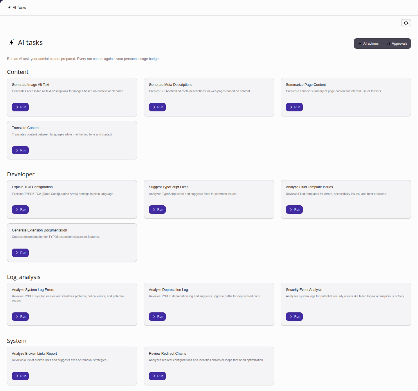 The editor-facing AI Tasks module listing runnable tasks grouped by category