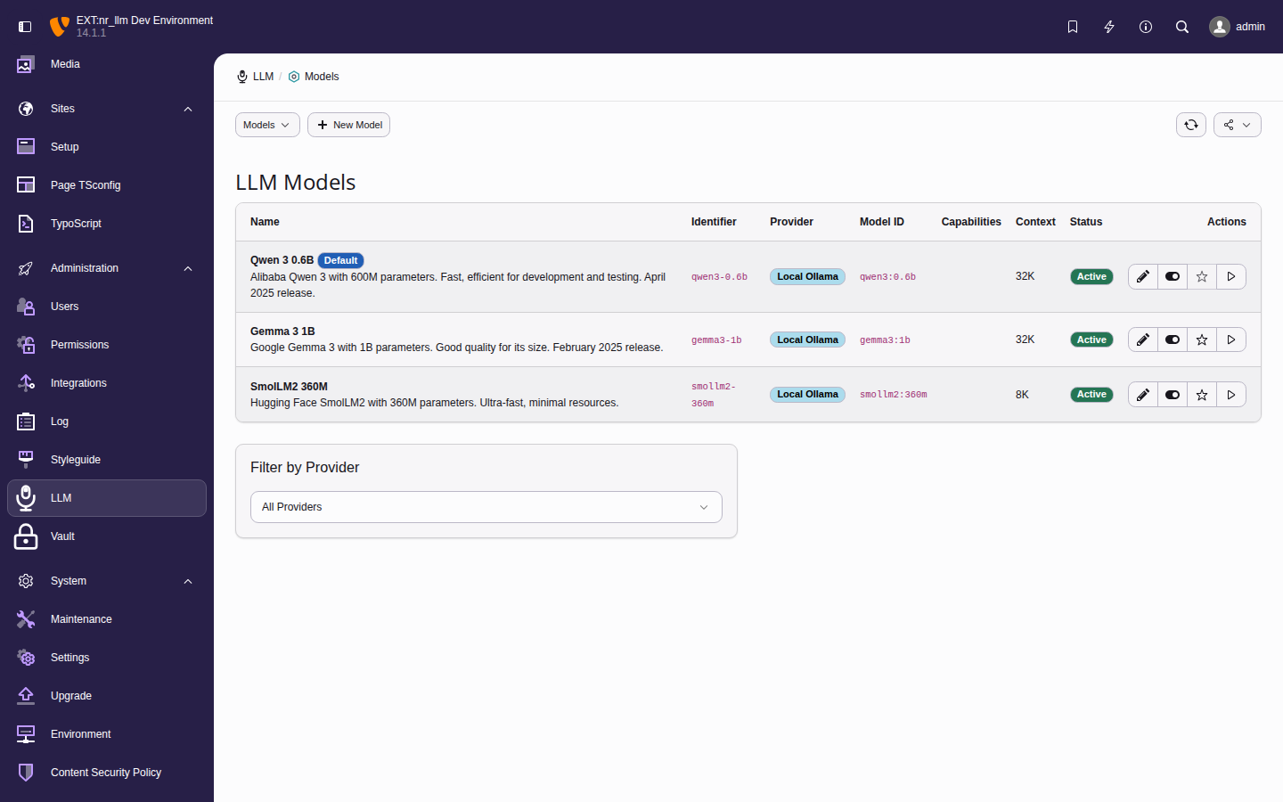 Model list showing capabilities, context length, pricing, and default status