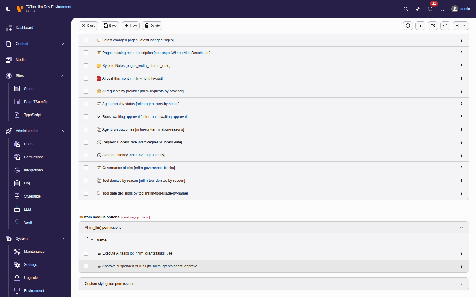The AI (nr_llm) permissions section in a backend group's Options tab