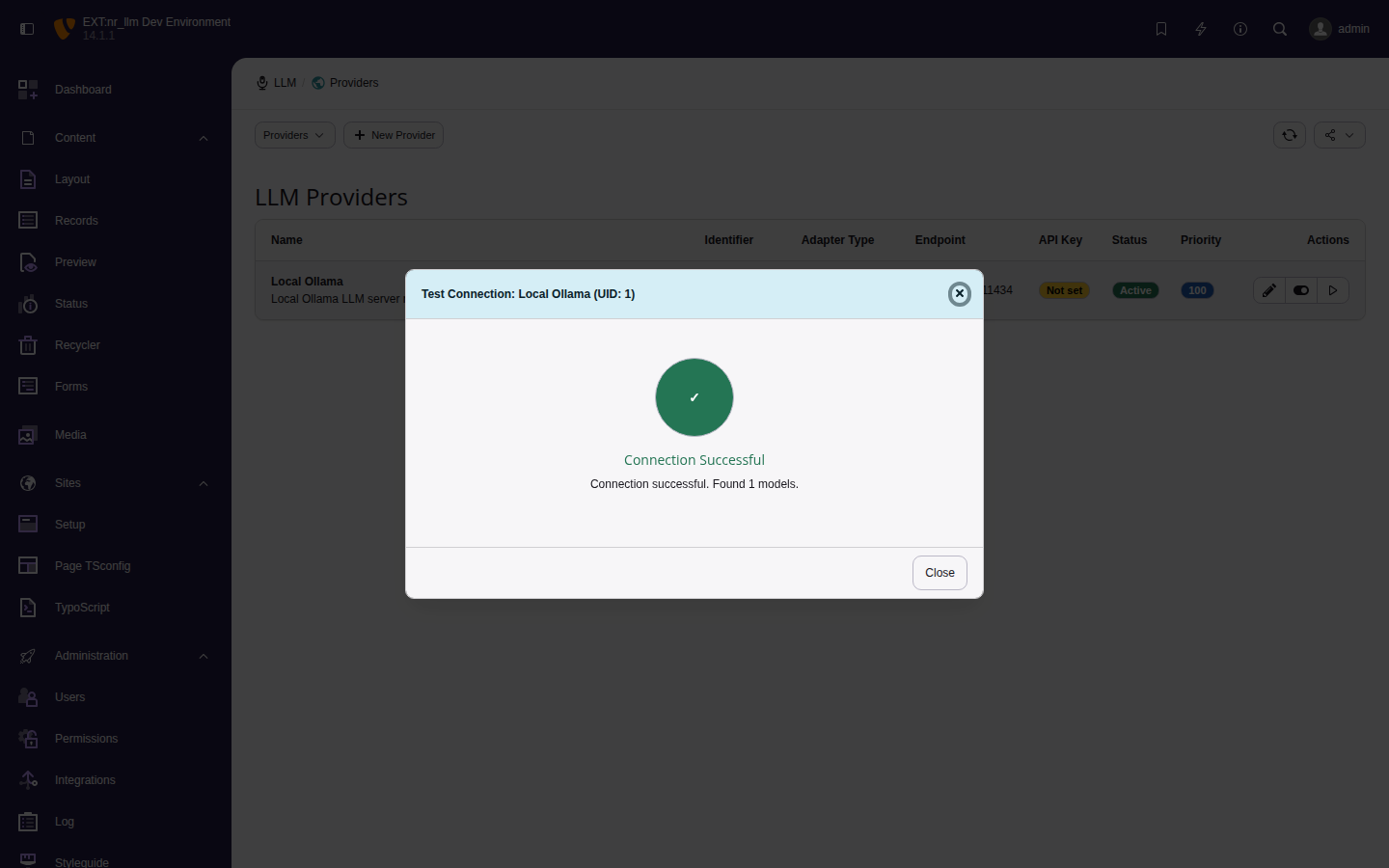 Provider test modal showing successful connection to Local Ollama
