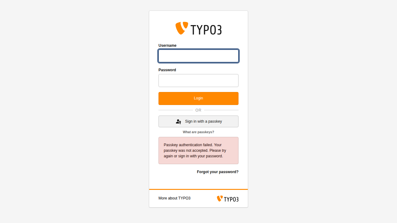 Login form showing passkey authentication failed error